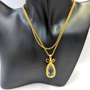 Vintage Joan Rivers Gold Tone Rope Chain Necklace With Clear Egg Shaped Pendant